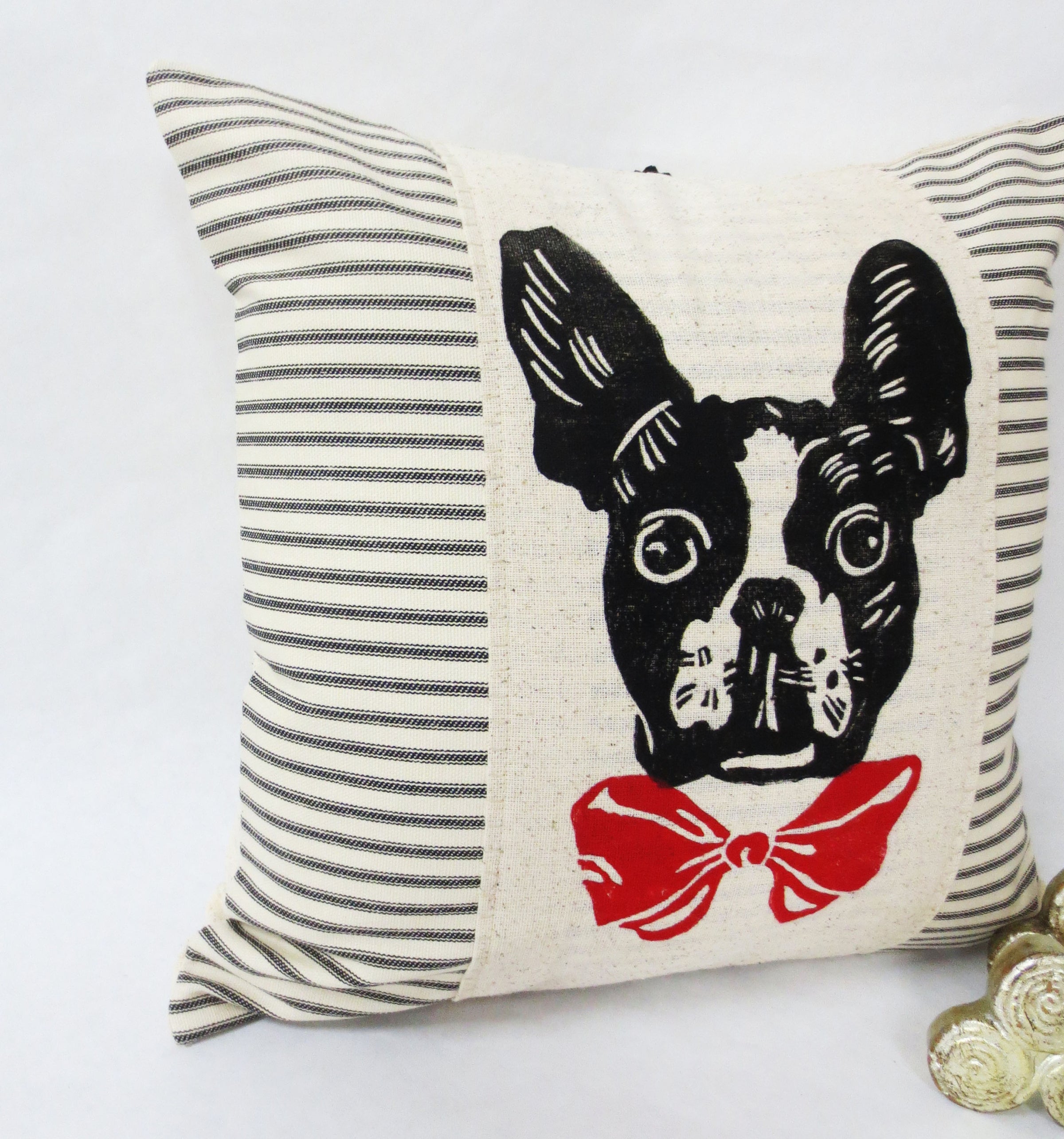 Hand Block Printed Boston Terrier Pillow with Red Tie Ecarlate